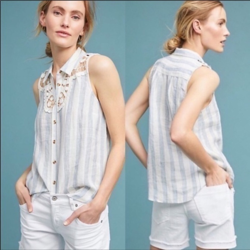 Maeve Linen Striped Sleeveless Top with Crochet detail